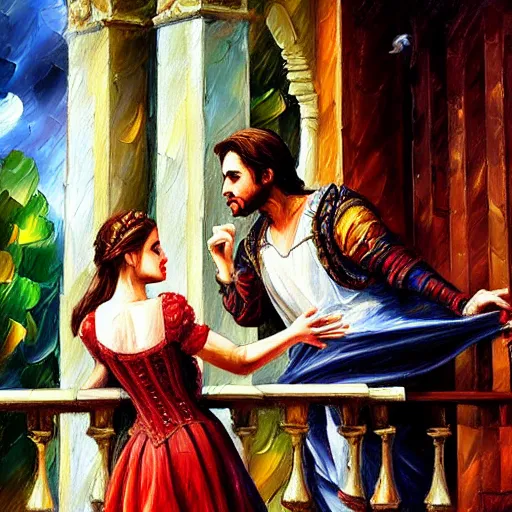 Image similar to highly detailed painting of shakespeare's romeo and juliet, balcony scene. intricate, high quality oil painting artstyle, in the style of leonid afremov, deviantart, figurative art, deviantart, ilya kuvshinov, lovecraftian, very detailed face, portrait