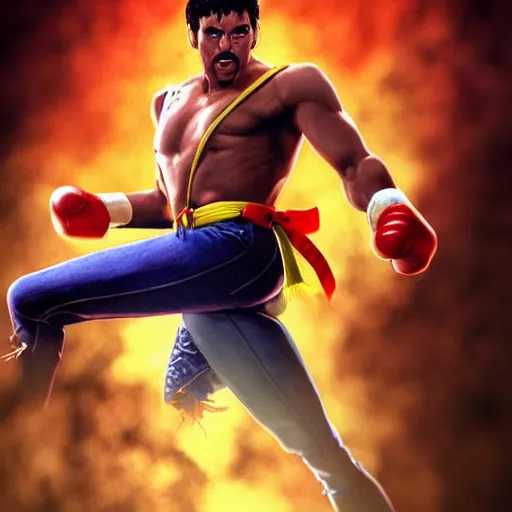 Image similar to freddy mercury as ken street fighter, uppercut, ultra realistic, concept art, intricate details, highly detailed, photorealistic, octane render, 8 k, unreal engine, art by frank frazetta, simon bisley, brom