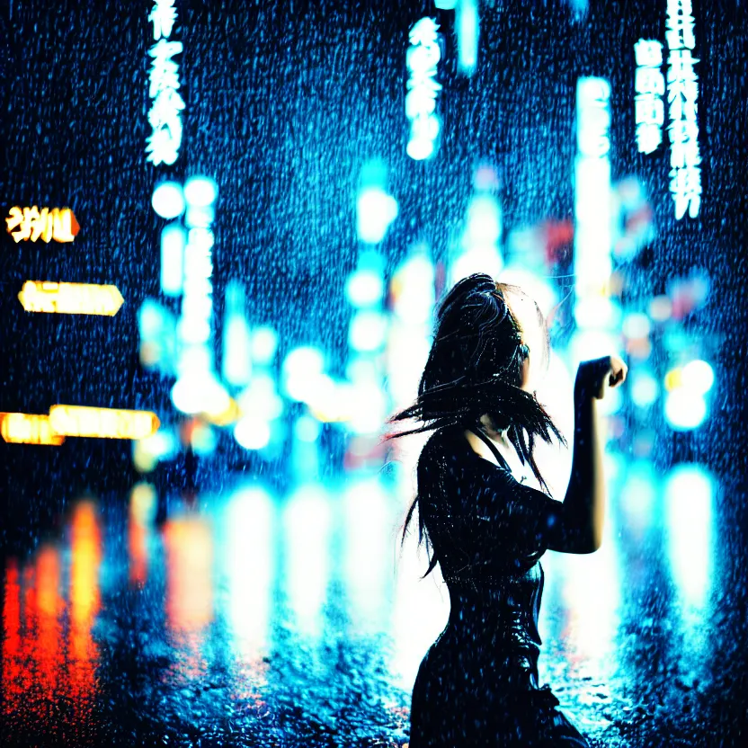 Image similar to a photo close up cyberpunk woman dancing in the rain, cyberpunk hiroshima, prefecture streets, sunset, photorealistic, cinematic lighting, highly detailed, bokeh, style by tomino - sama