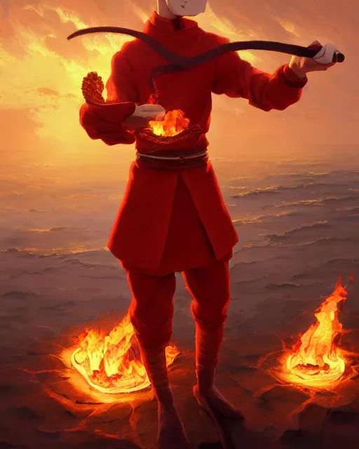 Prompt: [ squidward ] wearing fire nation clothing and practicing firebending outside at susnset, oil painting, highly [ detailed ], intricate, hd, sharp focus, photorealistic, by ( moebius ) and greg rutkowski and thomas kinkade, trending on artstation, trending on cgsociety, realistic shading and lighting