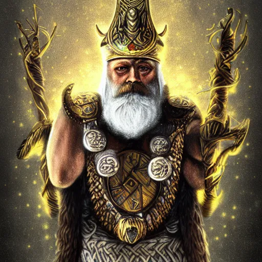 Image similar to mythological viking odin all father Shaman of artificial intelligence with white beard creating an artificial neural network with yellow synapses on an anvil, high resolution, award winning art, trending on art station, sharp image, incredibly detailed, detailed character realistic painting