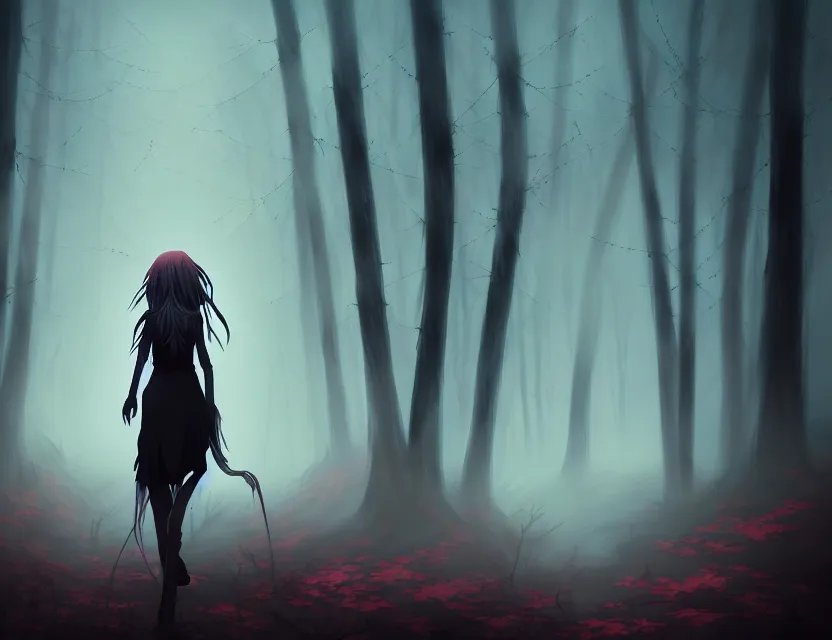 Image similar to a demonic figure coming out of the woods. lots of fog, by nashimanga, anime illustration, anime key visual, beautiful anime - style digital painting by wlop, amazing wallpaper