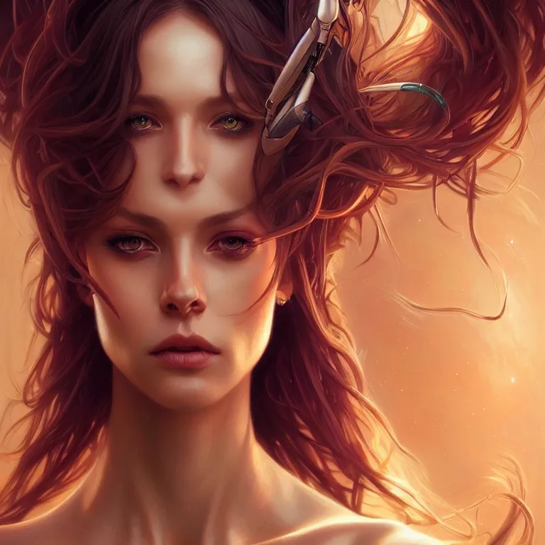 Image similar to futuristic woman portrait, sci-fi, amber eyes, face, long hair, fantasy, intricate, elegant, highly detailed, digital painting, artstation, concept art, smooth, sharp focus, illustration, art by artgerm and greg rutkowski and alphonse mucha