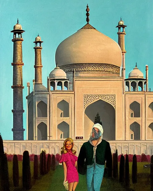 Prompt: tuesday weld visits the taj mahal by rudolph belarkski, by glen orbik, by robert maguire, by margaret brundage