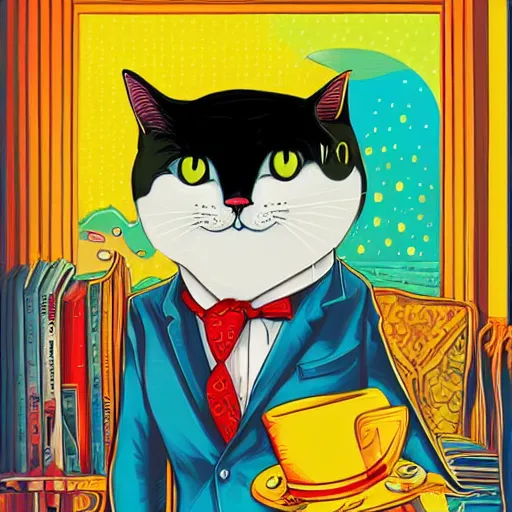 Image similar to colorful illustration of funny cat in the yellow tuxedo and red tie by jeremiah ketner and dan mumford