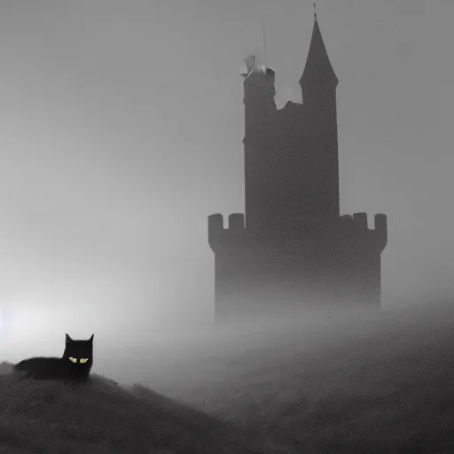 Image similar to a dark vallcy with a huge gloomy castle, fog. a little boy and a black cat