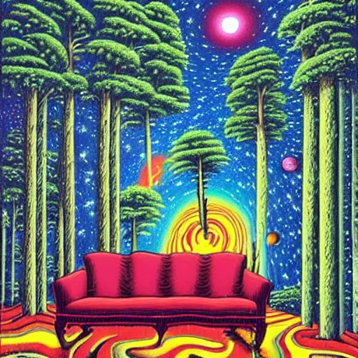 Image similar to psychedelic trippy couch pine forest, planets, milky way, sofa, cartoon by rob gonsalves