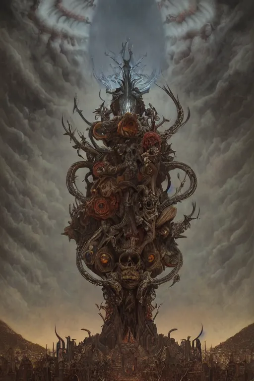 Image similar to gigantic demonic skull lord of death, fantasy painting, ultra realistic, wide angle, art nouveau, intricate details, rainbowshift, vivid colors, highly detailed by peter mohrbacher, h. r. giger, maxfield parrish, gaston bussiere, gustave dore, beksinski, craig mullins, octane render, cgi