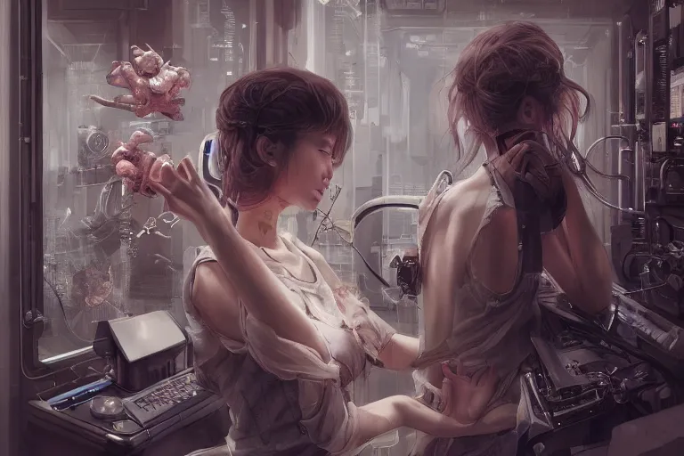 Image similar to hyperrealistic photography of a machine entering a female host in the style of Jin Kagetsu, James Jean and wlop, highly detailed, sharp focus, intricate concept art, digital painting, ambient lighting, 4k, artstation