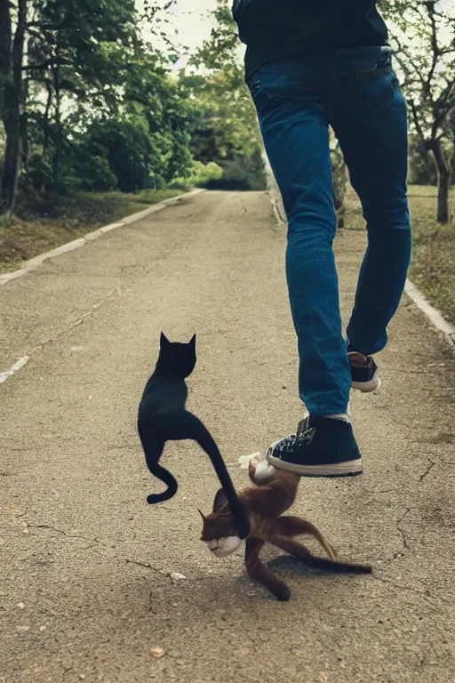 Prompt: a photo of young man falling from walking over a hairless cat