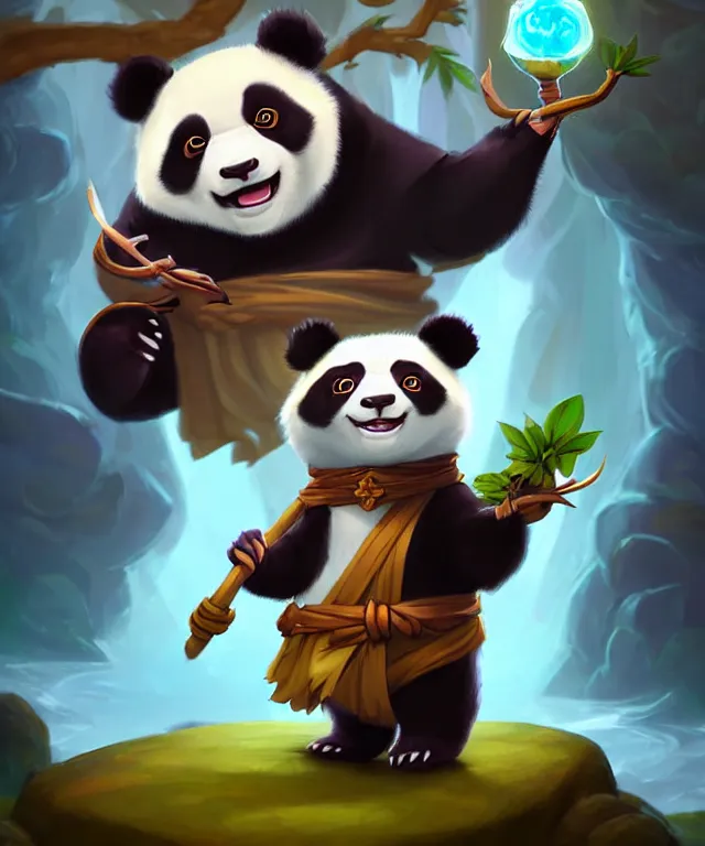 Prompt: an anthropomorphic panda mage wearing flowing robes, casting a spell, landscape in background, cute, dnd character art portrait, pixar style, by jason felix by steve argyle by tyler jacobson by peter mohrbacher, cinematic lighting