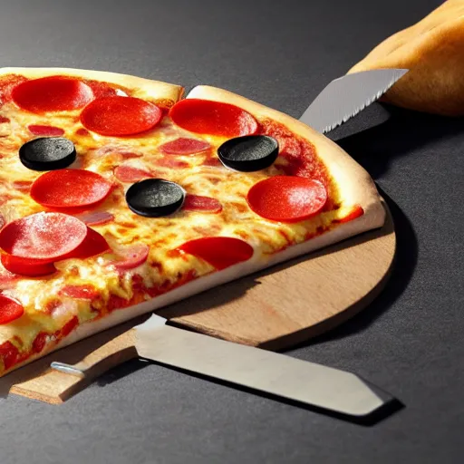 Prompt: A pizza with knives as toppings, realistic, ultra high detail, 8k, close up.