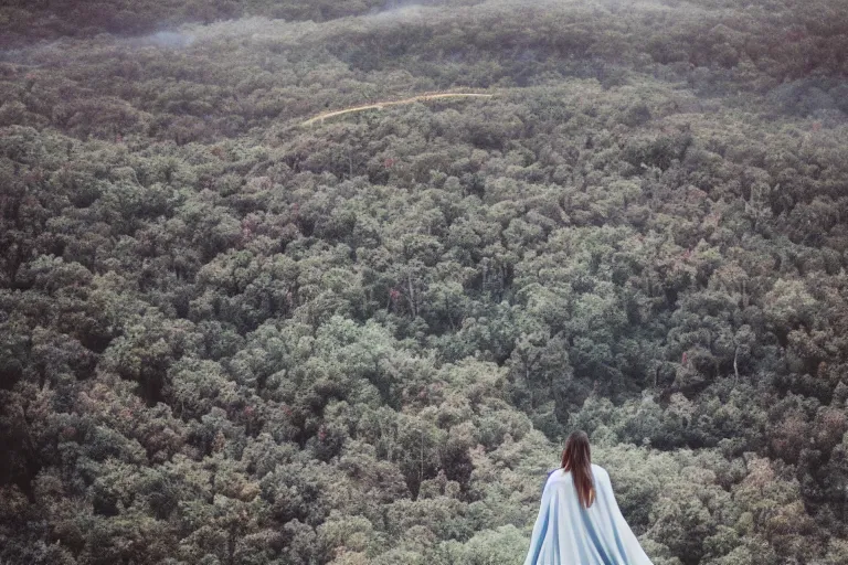 Image similar to holy discord moderator on top of a tall mountain, blue fog, tornadoes surrounding, film photography, soft lighting, vignette