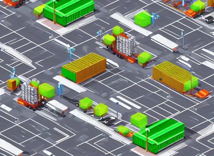 Image similar to futuristic cargo trucks driving inside a solarpunk city, illustration, isometric 3 d perspective