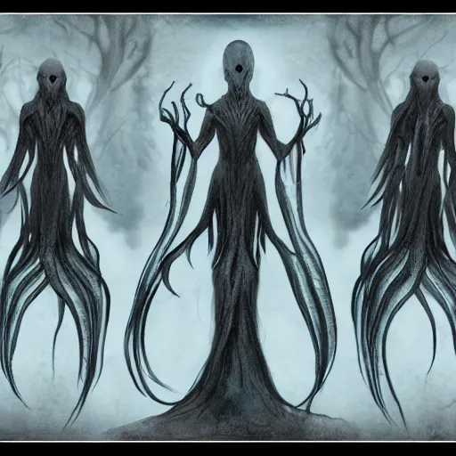 Image similar to concept designs for an ethereal ghostly wraith like figure with a squid like parasite latched onto its head and long tentacle arms that flow lazily but gracefully at its sides like a cloak while it floats around a frozen rocky tundra in the snow searching for lost souls and that hides amongst the shadows in the trees, this character has hydrokinesis and electrokinesis for the resident evil village video game franchise with inspiration from the franchise Bloodborne and the mind flayer from stranger things on netflix in the style of a marvel comic