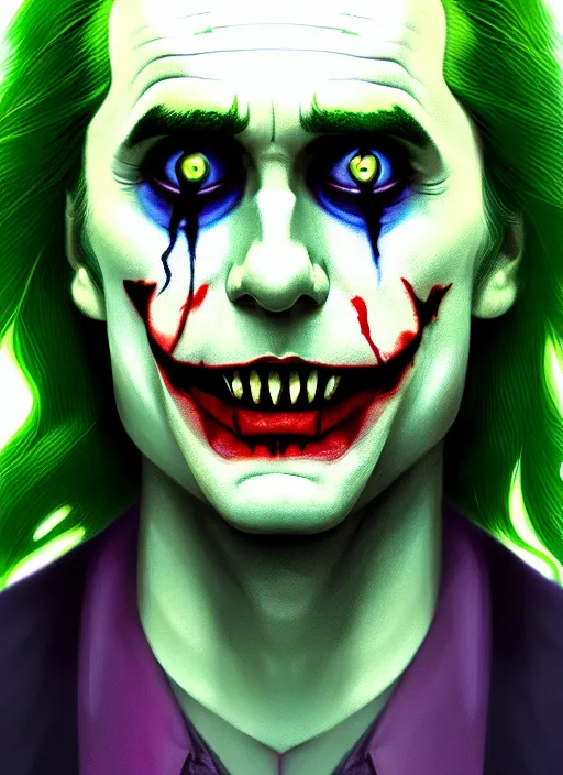 Image similar to portrait of jared leto as the joker, green hair, intricate, elegant, glowing lights, highly detailed, digital painting, artstation, concept art, sharp focus, illustration, art by wlop, mars ravelo and greg rutkowski