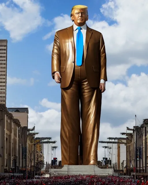 Image similar to a gigantic 1 0 0 0 foot tall bronze statue of a president donald trump, thousands of tiny onlookers, photorealistic, atmospheric