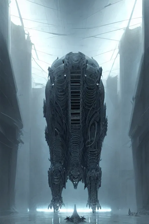 Image similar to professional concept art of a symmetrical! ominous floating mechanical steel terrifying giant monster thing in a dark room by artgerm and greg rutkowski. an intricate, elegant, highly detailed digital painting, concept art, smooth, sharp centred focus, illustration, in the style of cam sykes, wayne barlowe, igor kieryluk.