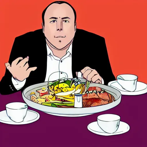 Prompt: Alex Jones eating an entire feast by himself in an anime style.