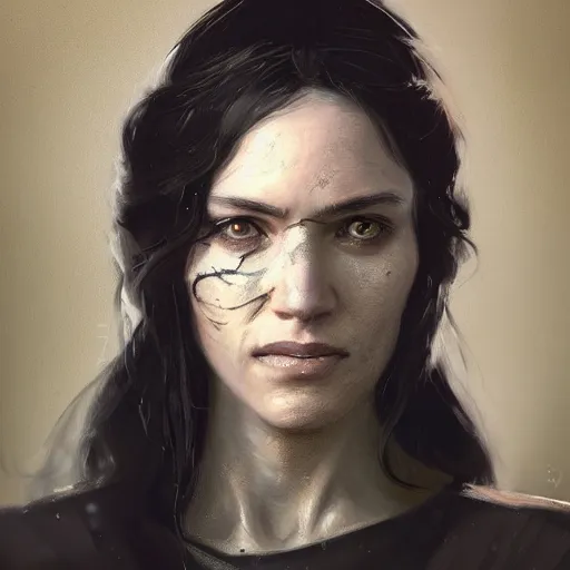 Image similar to portrait of an woman by Greg Rutkowski, she is about 20 years old, pretty, long brown wavy hair, scar near her mouth that makes her look like she's smiling all the time, wearing black sith robes, Star Wars Expanded Universe, highly detailed portrait, digital painting, artstation, concept art, smooth, sharp foccus ilustration, Artstation HQ