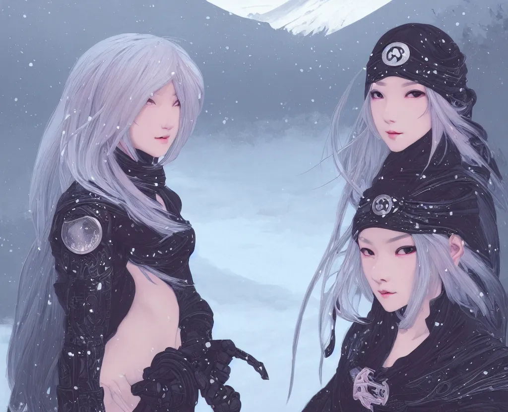 Image similar to portrait grey hair ninja gaiden girl, black plus little pink ninja wardrobe, at snowy fuji mountain sunrise, ssci - fi and fantasy, intricate and very very beautiful, detailed, digital painting, artstation, concept art, smooth and sharp focus, illustration, art by tian zi and wlop and alphonse mucha