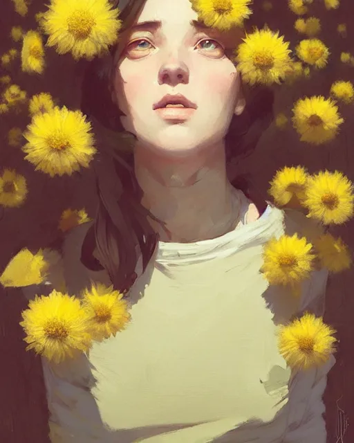 Image similar to cottagecore hyper - realistic portrait of a woman, flowers, by atey ghailan, by greg rutkowski, by greg tocchini, by james gilleard, by joe fenton, by kaethe butcher, dynamic lighting, gradient light yellow, brown, blonde cream and white color scheme, grunge aesthetic