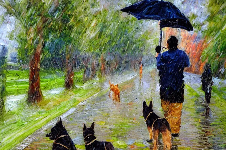 Prompt: impressionist oil painting, view from 1 0 0 feet distance of a tree lined city lane. one small, black and brown german shepherd puppy is happily frolicking in the rain while the puppy's owner tries to hold onto a muted - colorful umbrella. the other small german shepherd puppy is playfully biting at the owner's umbrella. it's raining in the city.