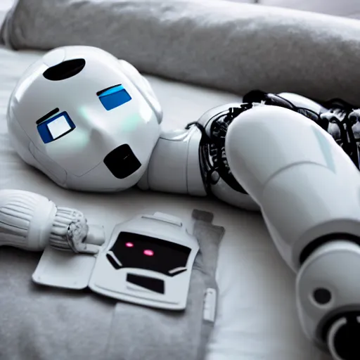 Prompt: Photograph. Robot laying down in bed. Sleeping. Night time.