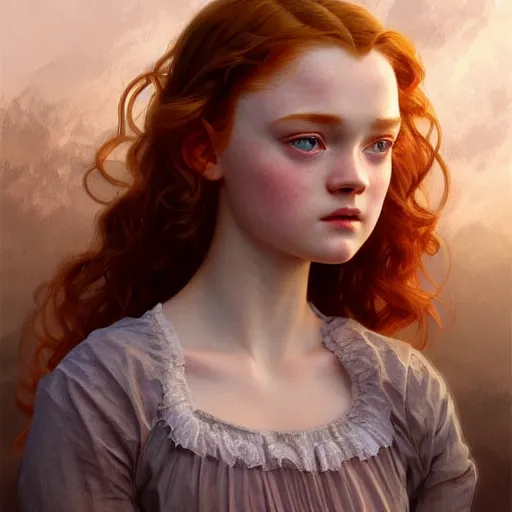 Prompt: beautiful natural Sadie Sink, intricate, early 20s, elegant, highly detailed, digital painting, artstation, concept art, sharp focus, illustration, art by artgerm and greg rutkowski and alphonse mucha and loish and WLOP