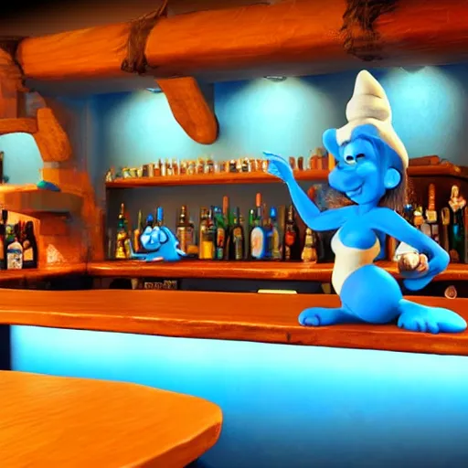 Prompt: Smurfs sitting at the bar drinking beers why smurfette dances in bikini on the bar unreal engine 5 dynamic lighting elaborate details