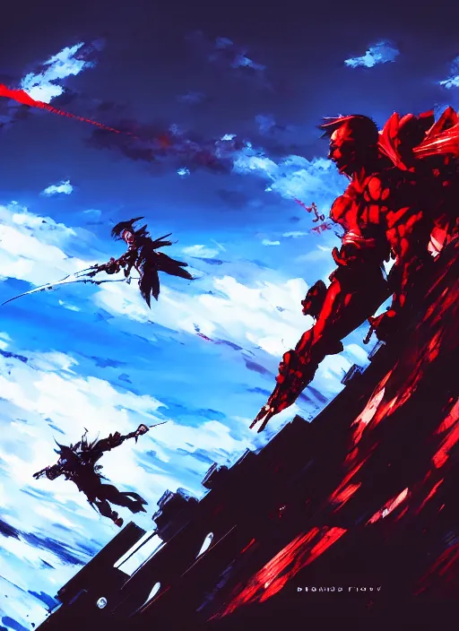 Prompt: a red in flying through the blue sky, scenery. in style of yoji shinkawa and hyung - tae kim, trending on artstation, dark fantasy, great composition, concept art, highly detailed, dynamic pose, vibrant colours.