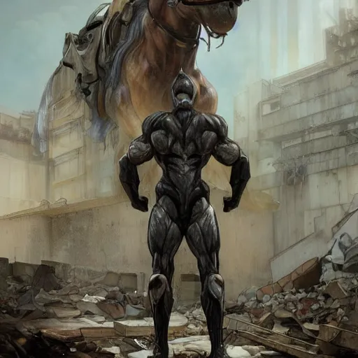 Prompt: a hyper - muscular anthropomorphized horse wearing a tactical bodysuit standing in the ruins of a facility, equine, highly detailed, digital painting, artstation, sharp focus, concept art, illustration, art by artgerm, greg rutkowski, alphonse mucha