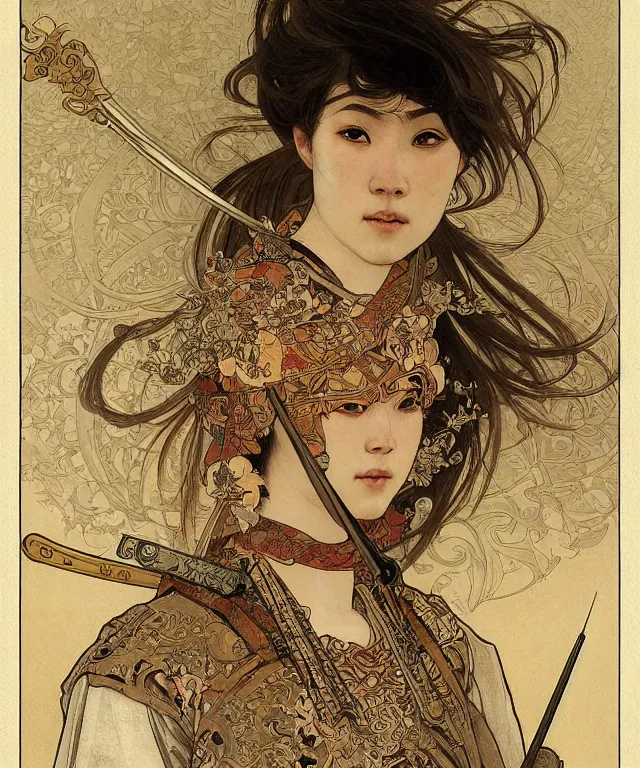 Image similar to realistic hyper detailed portrait of a samurai warrior by Alphonse Mucha and Charlie Bowater and art germ, rule of thirds, samurai armor, japanese patterns, golden ratio, portrait style with the subject in the middle of the frame