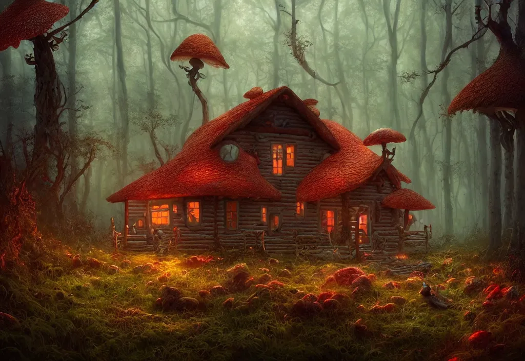 Image similar to cabin in mushroom forest by charlie bowater and anna dittmann and artgerm and clemens ascher, intricate, elegant, red and brown and green mist, highly detailed, dramatic lighting, sharp focus, octane render, trending on artstation, artstationhd, artstationhq, unreal engine, 4 k, 8 k