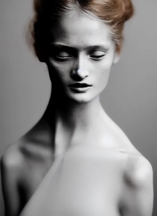 Image similar to portrait photography of a beautiful woman, in fine art photography style of Paolo Roversi , rose huntington whitely style 3/4 , natural color skin pointed in rose, long hair with ornamental hairstyle, full body dressed with a ethereal transparent voile dress, elegrant, 8K, soft focus, melanchonic rose soft light, volumetric dramatic lighting, highly detailed Realistic, hyper Refined, Highly Detailed, natural point rose', indoor soft lighting, soft delicate lighting colors scheme, soft blur lighting, fine art fashion photography