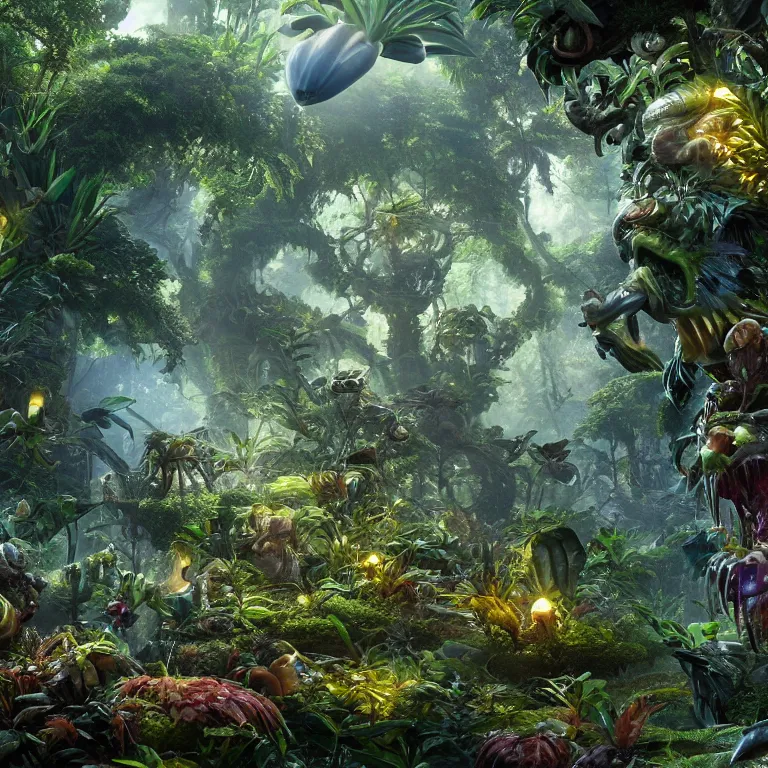 Prompt: octane render by lavinia fontana and naoto hattori and william henry hunt, a vast beautiful luscious alien jungle filled with glowing strange exotic plants and small critters, 8 k, volumetric lighting and shadows, unreal engine, cgsociety