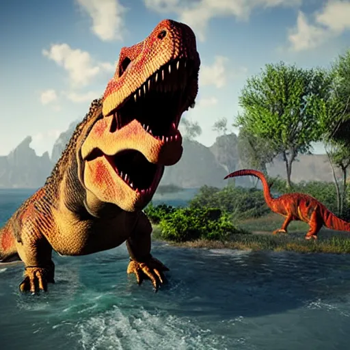 Prompt: dinosaur hunting for food, in the see, realistic, Unreal engine, 8K,