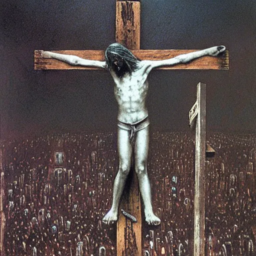 Prompt: the crucifixion of jesus in times square, highly detailed beksinski painting
