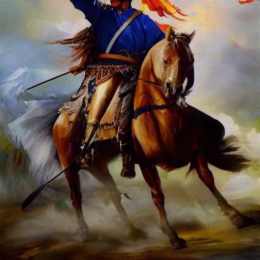 Image similar to Joe Biden as an ancient Mongolian warrior riding on horseback into battle, masterpiece oil painting, dynamic shot