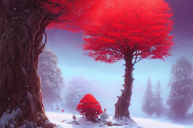 Image similar to giant tree in snow with red flowers, unreal engine, fantasy art by greg rutkowski, loish, rhads, ferdinand knab, makoto shinkai and lois van baarle, ilya kuvshinov, rossdraws, tom bagshaw, global illumination, radiant light, detailed and intricate environment