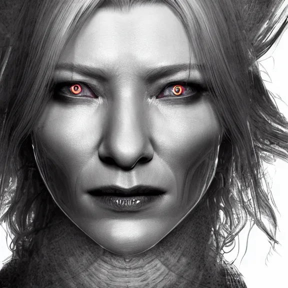 Image similar to a centered symmetrical portrait of cate blanchett as a demon, hyper detailed, facial texture, cinematic light, octane render, artstation