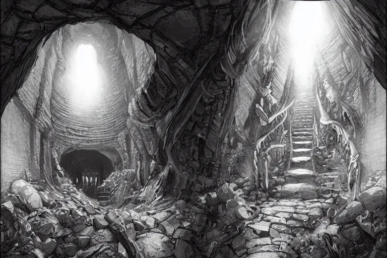 Image similar to black and white one point perspective hellscape dungeon cozy fantasy dungeon hallway view with pit in the middle of the ground by artgerm and Craig Mullins, James Jean, Andrey Ryabovichev, Mark Simonetti and Peter Morbacher 16k