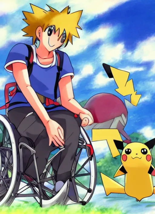 Image similar to a pokemon trainer traveling in a wheelchair, anime, art by ken sugimori