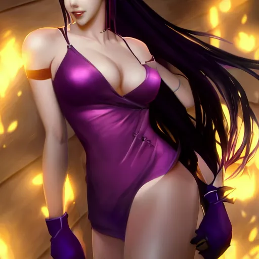 Image similar to purple dress of tifa lockhart by WLOP, rossdraws, Logan Cure, Mingchen Shen, BangkuART, sakimichan, yan gisuka, JeonSeok Lee, zeronis, Chengwei Pan on artstation