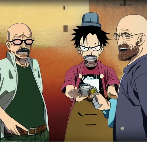 Image similar to walter white smoking a joint with jesse pinkman, in One Piece Anime Series, 4k Resolution.