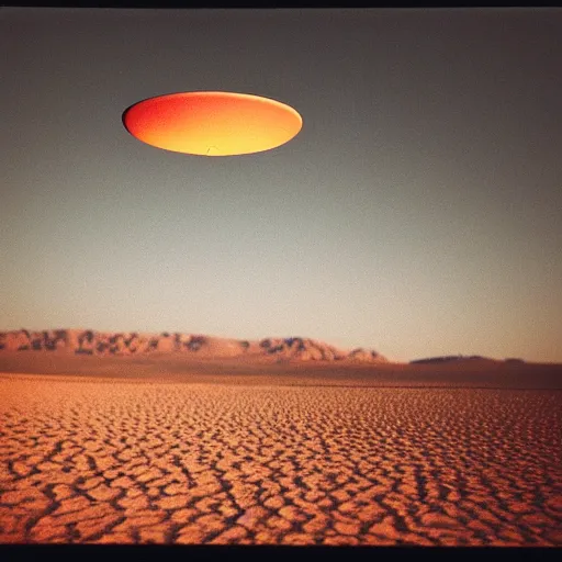 Image similar to a flying saucer hovering over the desert at night, distant!!, historical photo, old polaroid, expired film,