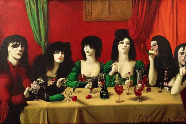 Image similar to glam rockers drinking brutal and raw wine, inside a green room with red lights in renaissance style, sfumato, oil painting