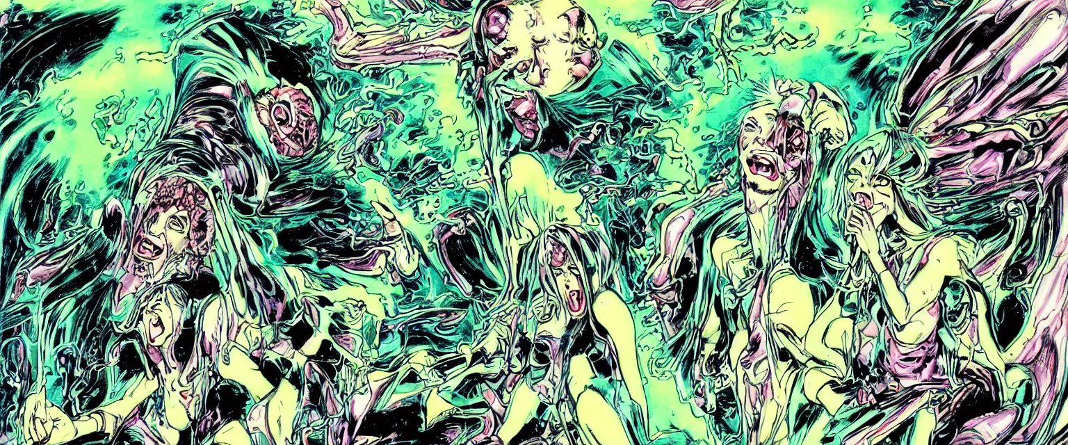 Prompt: exaltics apocalyptic ufo woman is screaming and crying after alien invasion on planet earth style of manga comic books in the year seventies, storybook illustration, by yoshitaka amano, green color scheme