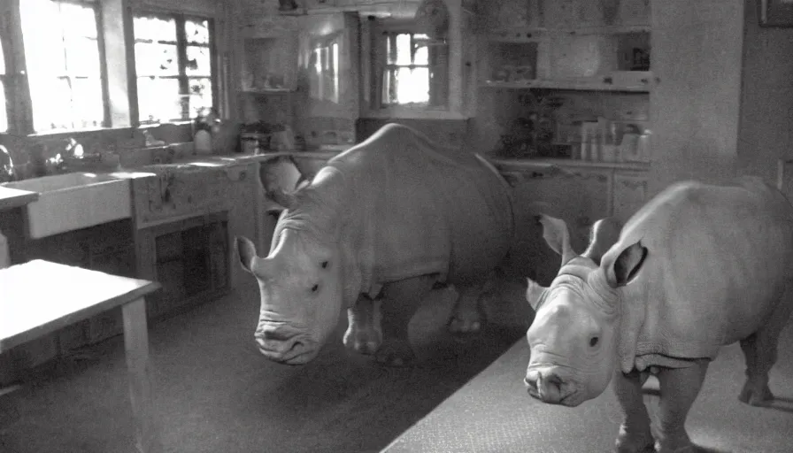 Prompt: a rhinoceros in a stalinist style kitchen, by mini dv camera, very very low quality, heavy grain, very blurry, accidental flash, webcam, caught on trail cam