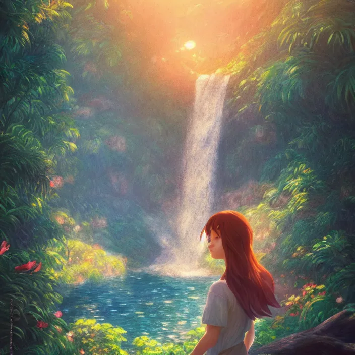 Image similar to an epic makoto shinkai and renoir landscape with a hawaiian waterfall, golden hour, 🌺, a beautiful woman with long brown hair, ultra smooth, octane render, lois van baarle, ilya kuvshinov